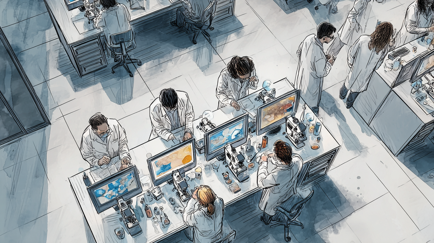Researchers working in a laboratory with microscopes and monitors analyzing scientific images, illustrating research integrity and image quality assurance.