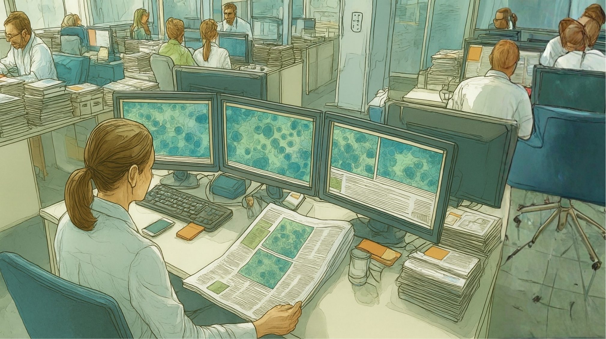 Editorial office reviewing scientific publishing images across multiple monitors to uphold journal integrity and protect impact factor rankings.