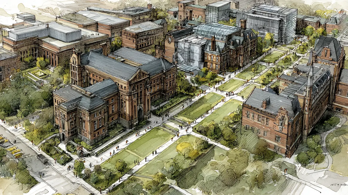 Illustration of a university campus symbolizing institutional commitment to scientific integrity and responsible conduct of research.