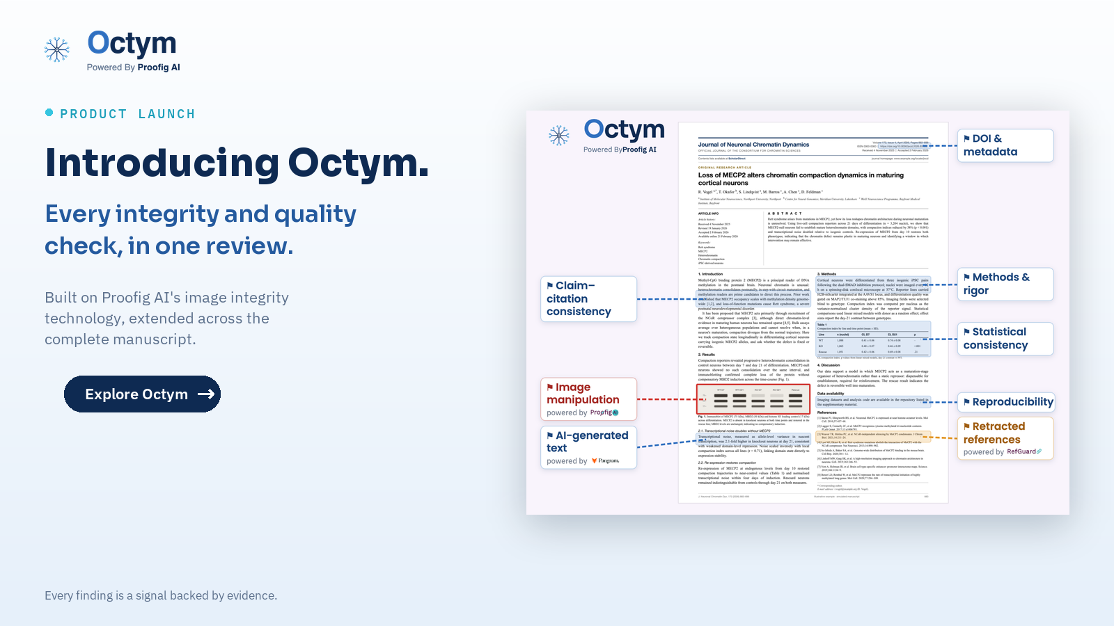 Octym runs every integrity and quality check on a manuscript, from images and references to statistics and reporting standards, in a single review configured to each customer's own requirements: a journal's guidelines, a funder's criteria, an institution's policies