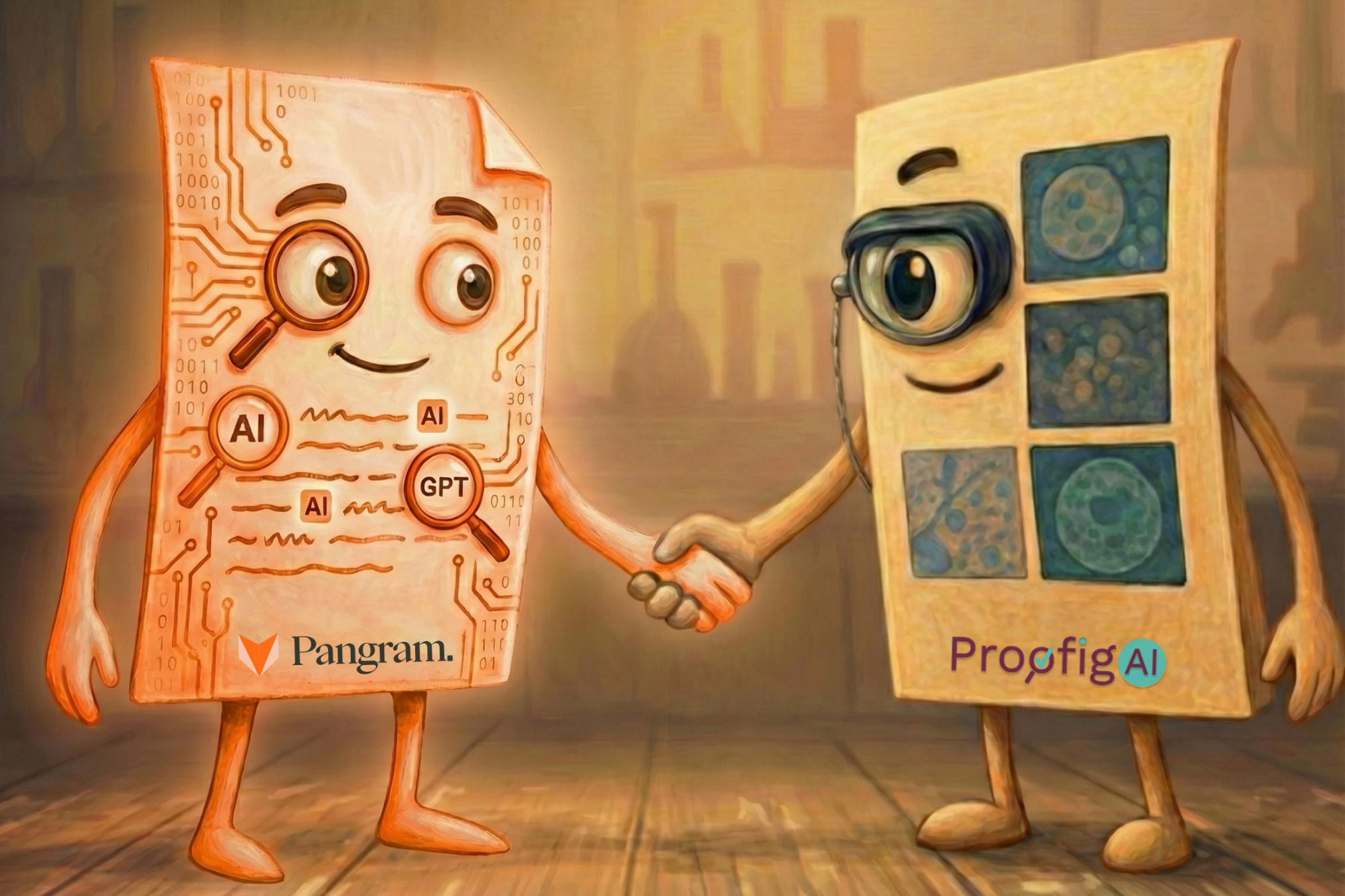 Proofig AI and Pangram partnership illustration showing manuscript image integrity and AI-generated text screening in PubShield