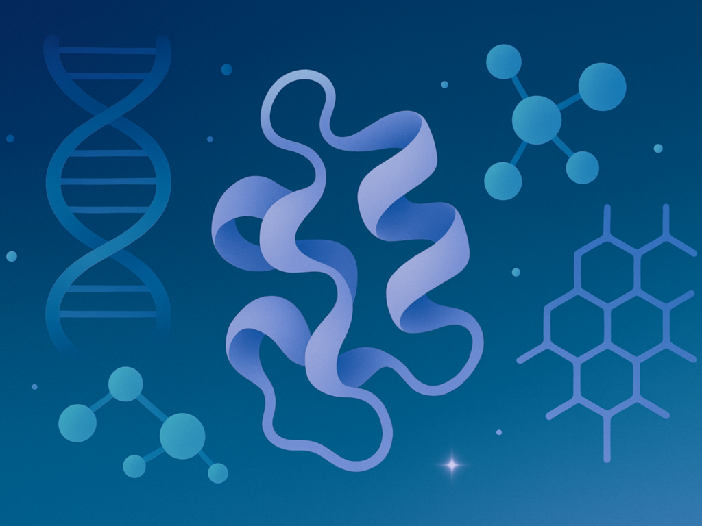 Abstract illustration of molecular structures with DNA helices and protein folds in cool scientific tones.