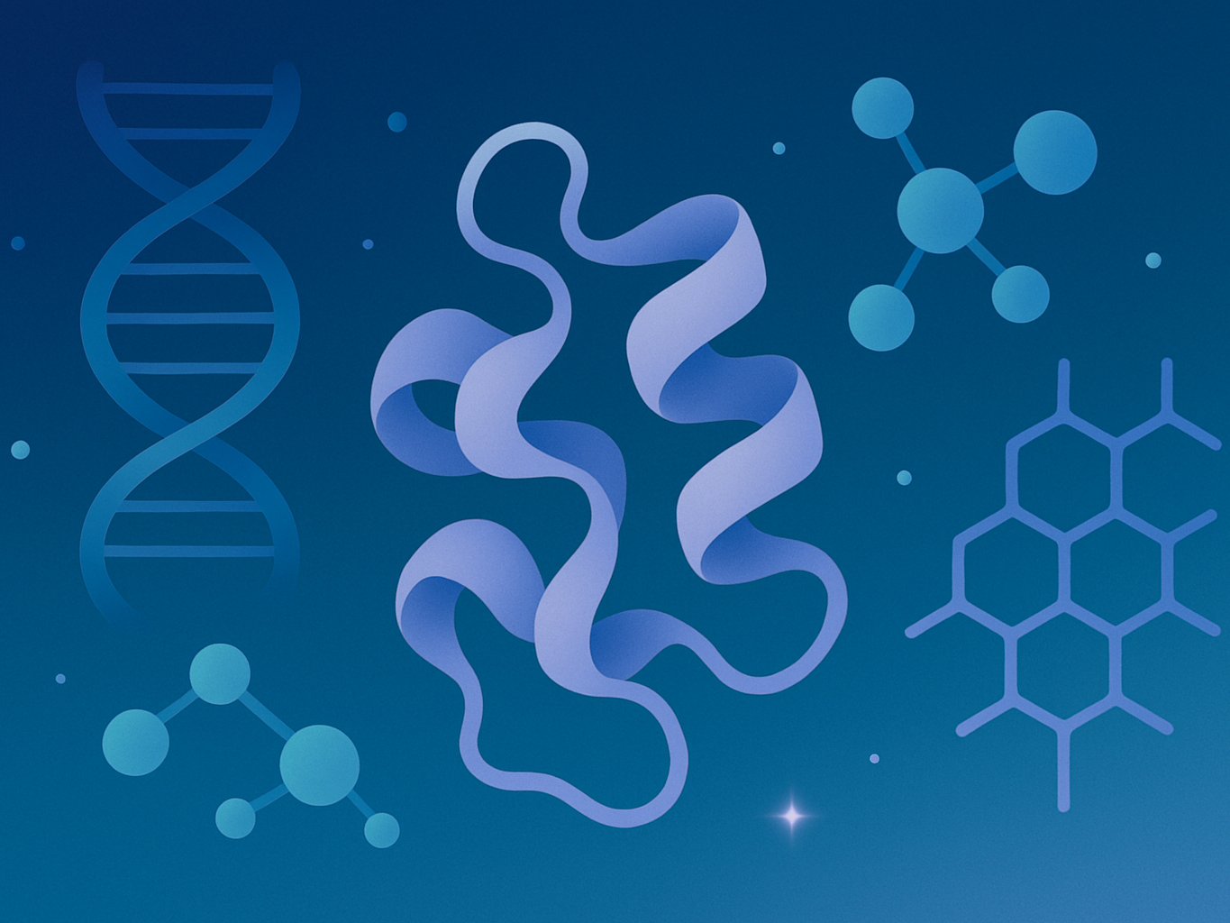 Abstract illustration of molecular structures with DNA helices and protein folds in cool scientific tones.