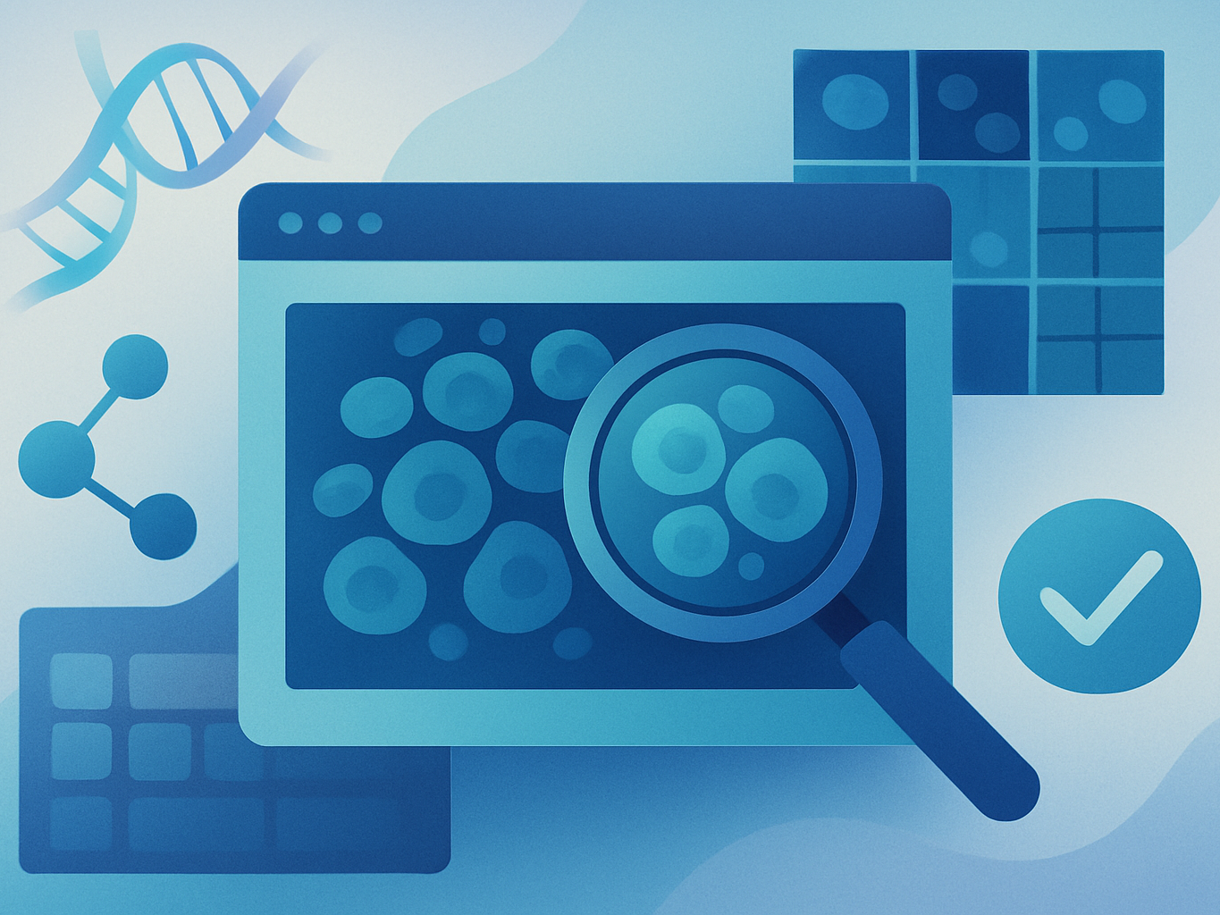 Abstract illustration of scientific image analysis with molecular visuals and microscopy patterns in cool tones.