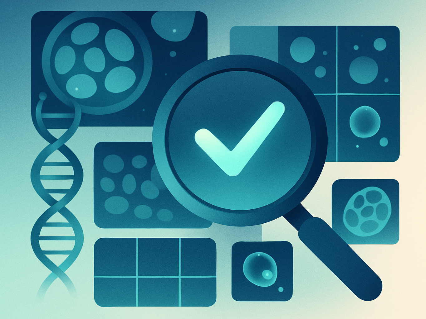 Abstract illustration of scientific image integrity with microscopy patterns and molecular visuals in cool tones.
