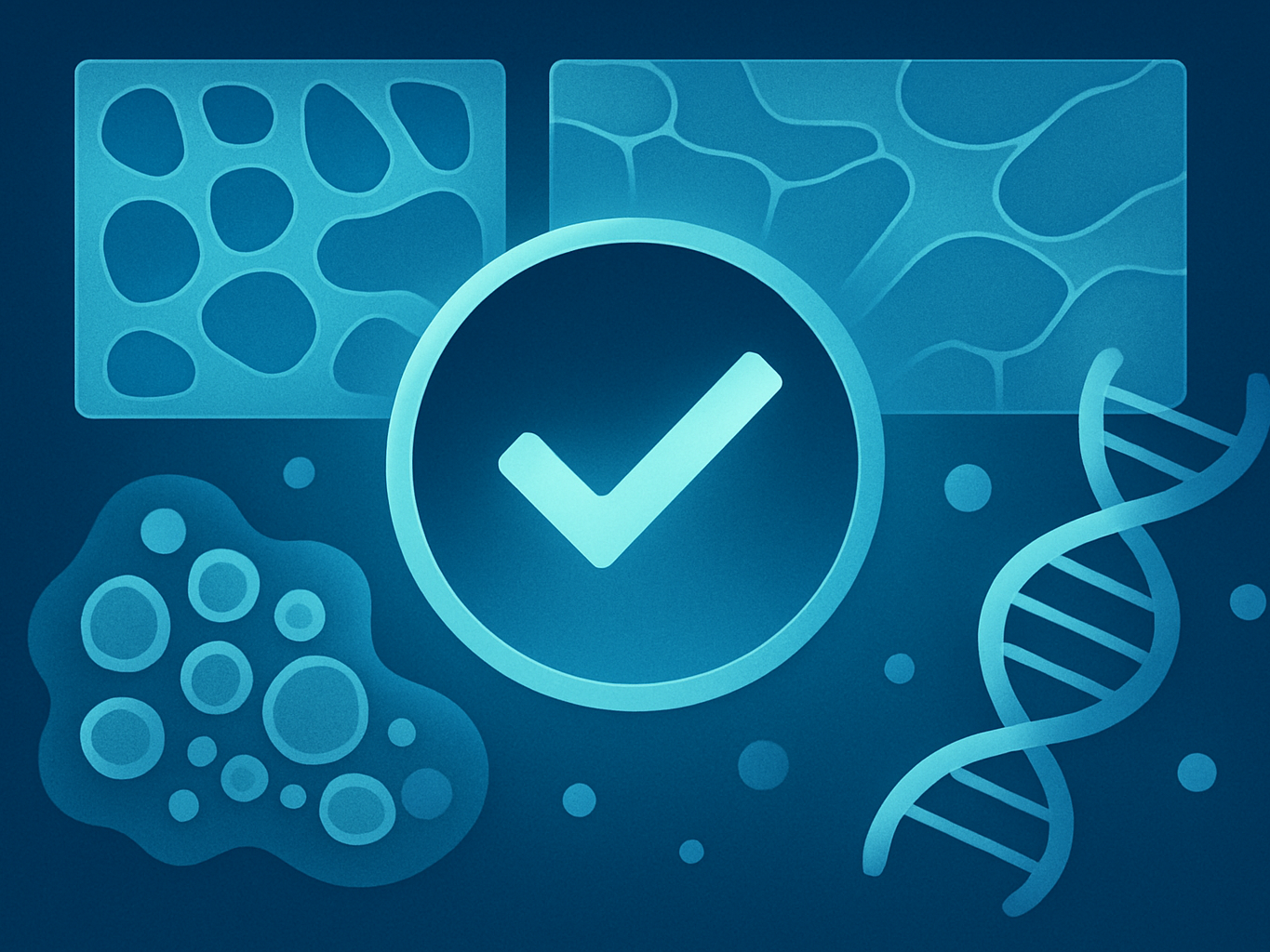 Abstract illustration of scientific image integrity with microscopy patterns and molecular visuals in cool tones.