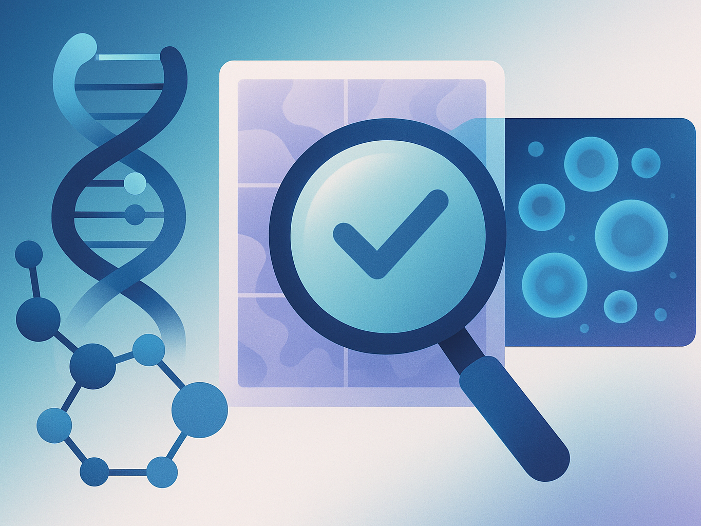 Abstract illustration of scientific image integrity with molecular visuals and microscopy patterns in cool tones.