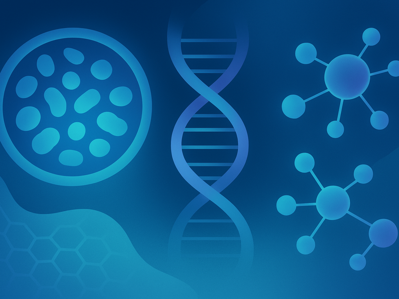 Abstract illustration of scientific microscopy patterns and molecular structures in cool tones, evoking modern research.