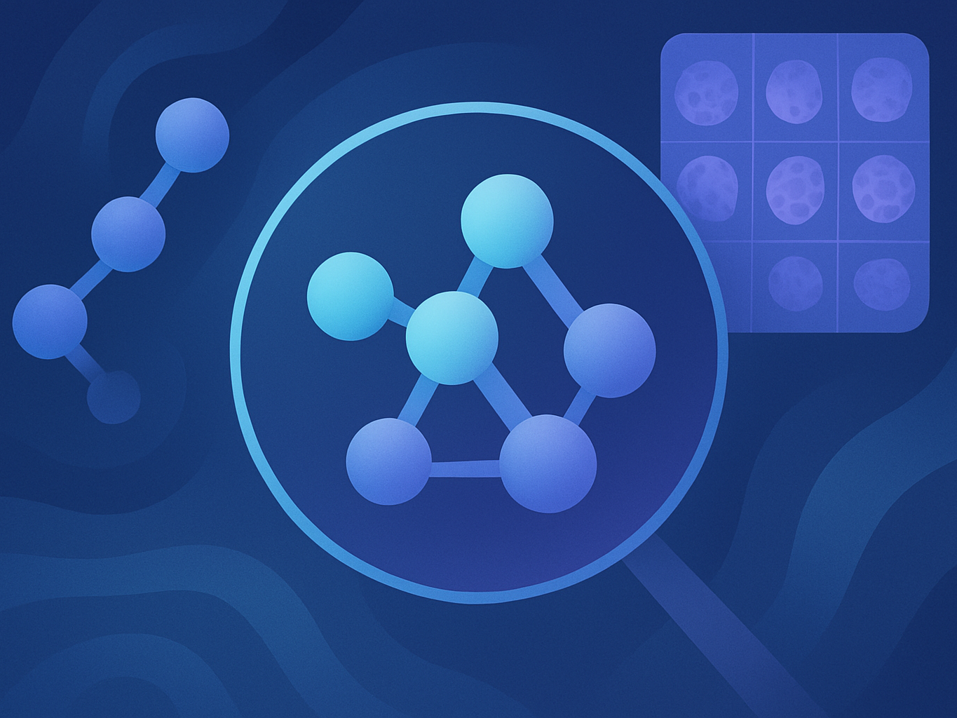 Abstract illustration of molecular visuals and microscopy patterns in cool scientific tones, evoking modern science.