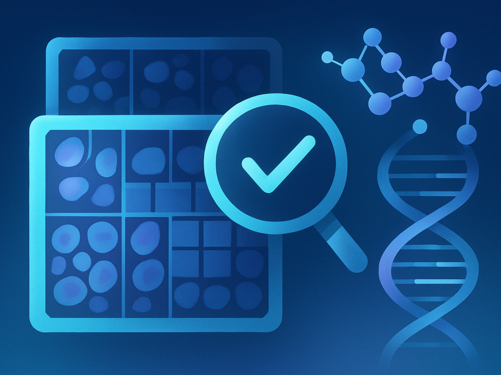 Abstract illustration of scientific image integrity with microscopy patterns and molecular visuals in cool tones.
