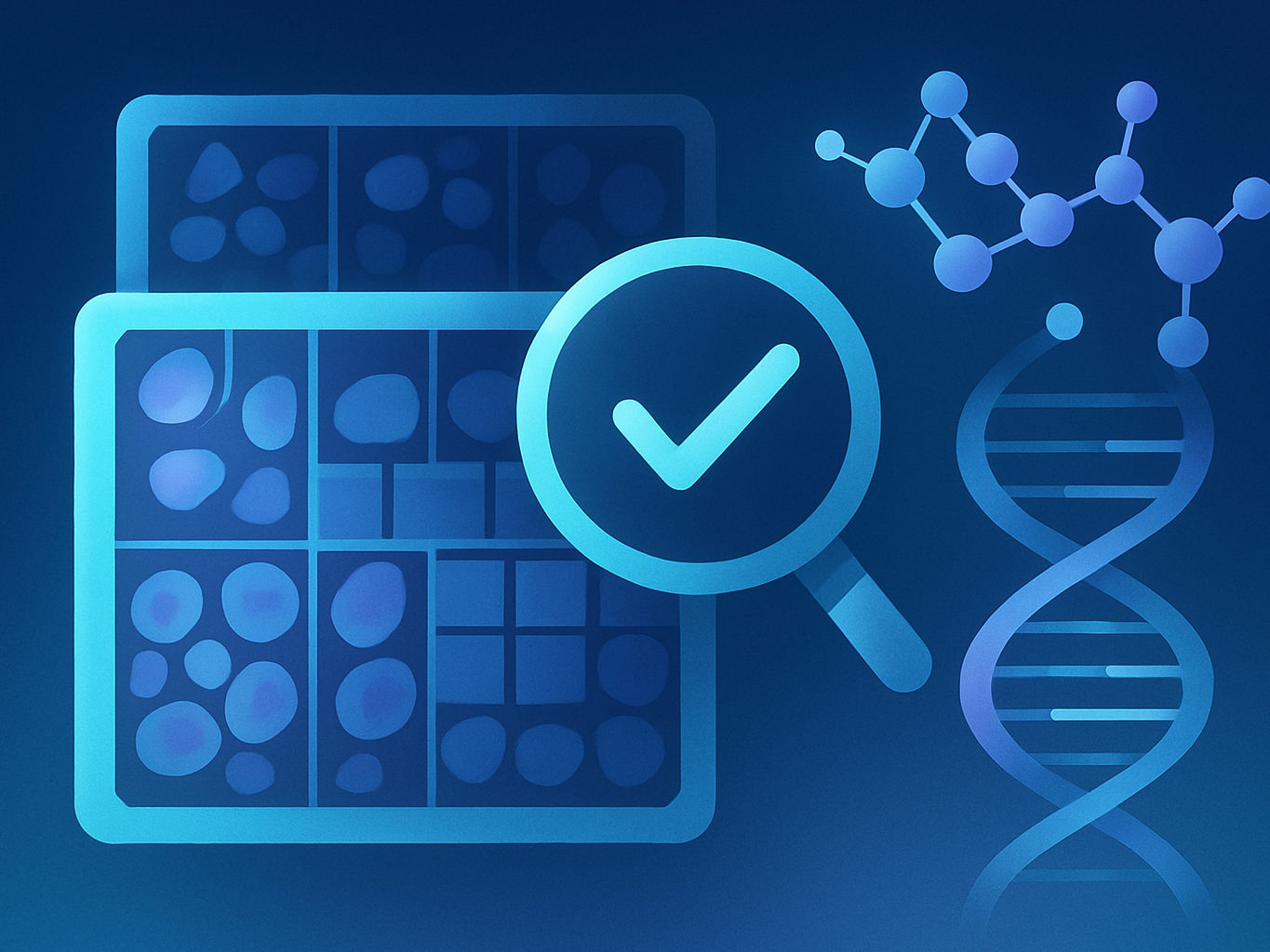 Abstract illustration of scientific image integrity with microscopy patterns and molecular visuals in cool tones.