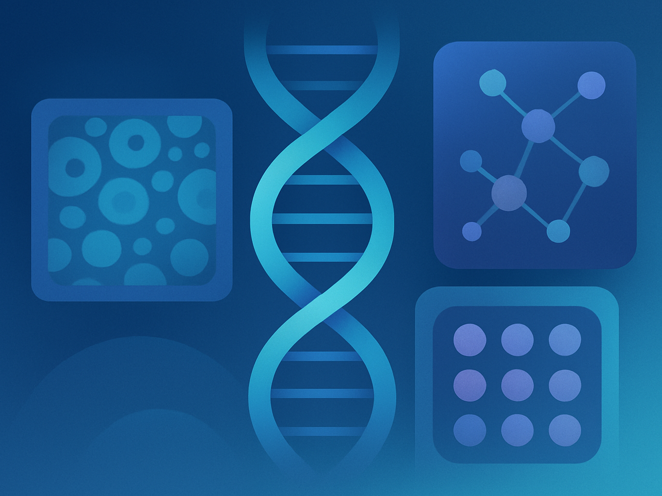 Abstract illustration of scientific imagery with microscopy patterns and molecular visuals in cool tones.
