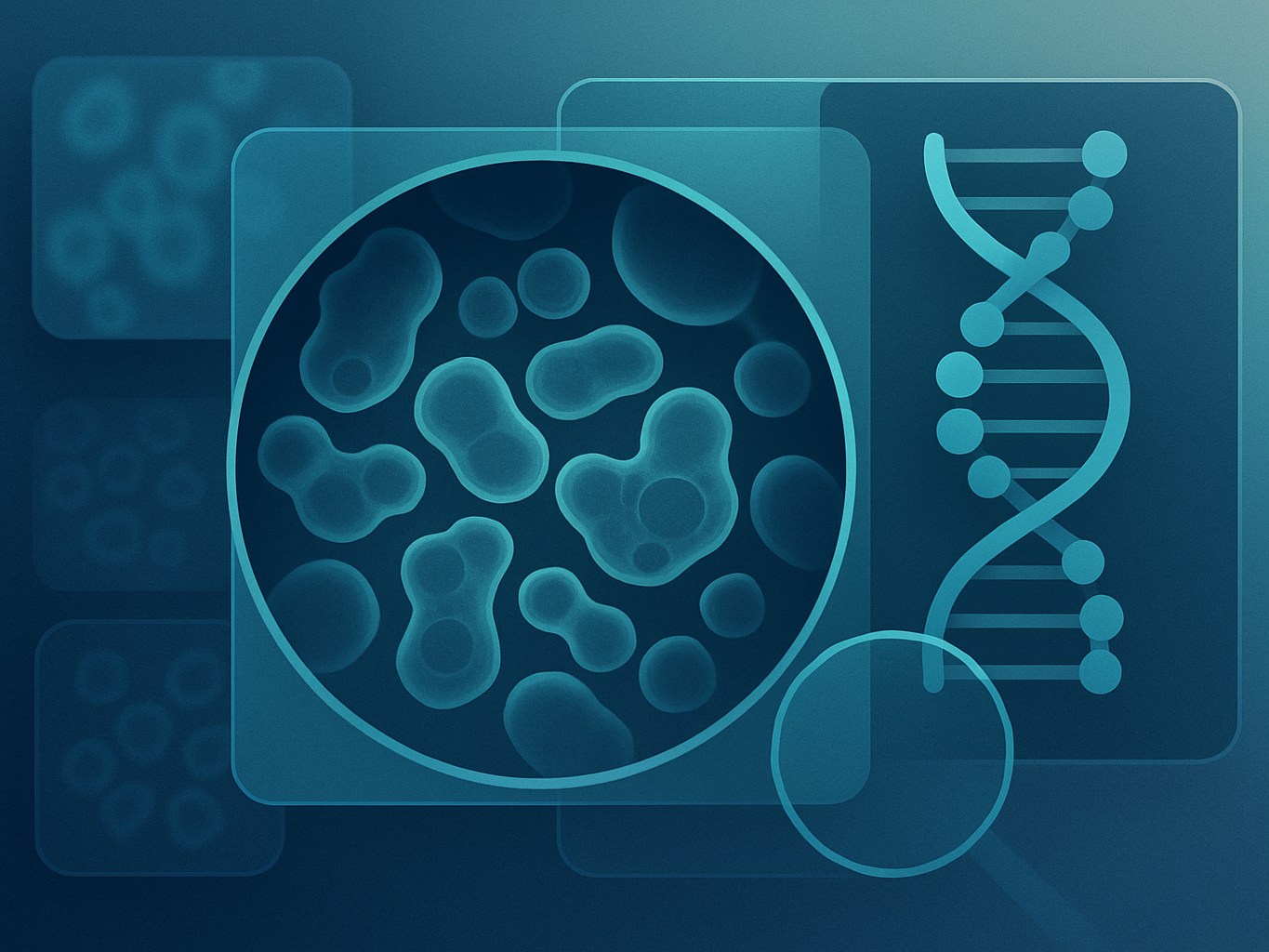 Abstract illustration of microscopy patterns and molecular visuals in deep blues and teals, with subtle verification imagery.