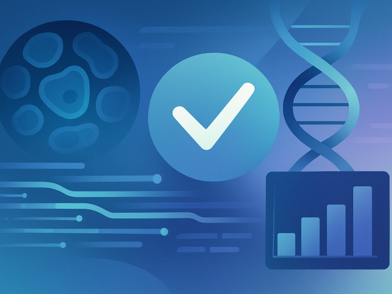 Abstract illustration of scientific integrity with microscopy patterns and molecular visuals in cool tones.